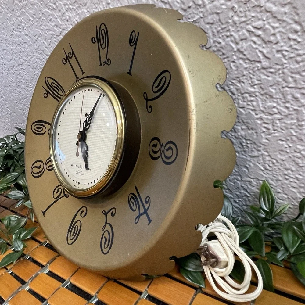 Vintage GE Telechron Electric Wall Clock Metal MCM Gold 1950s WORKING Retro